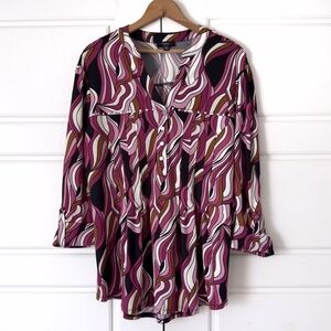 Cocomo Tunic Blouse Womens 1X Pink Black V Neck 3/4 Roll Tab Sleeve Swirl Hippie